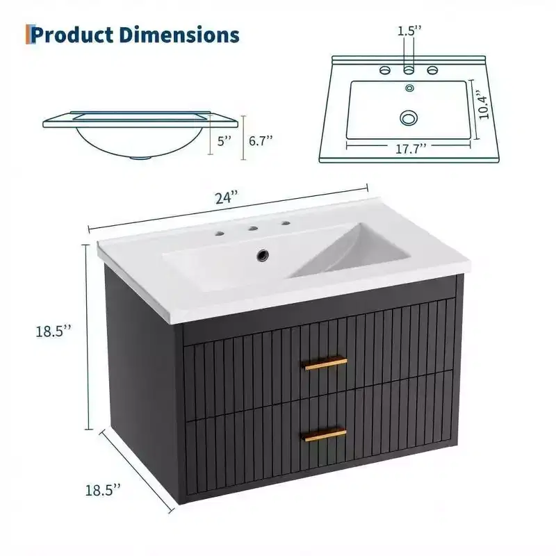 Floating Bathroom Vanity 24/30 Inch with Sink Combo Wall Mounted Cabinet 2 Drawers for Bathroom Storage
