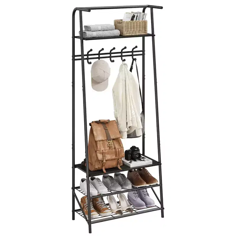 Industrial Entryway Hall Tree with Double Hooks, Shoe Storage Bench, and Top Shelf C Sturdy Metal Frame Coat Rack with Bench