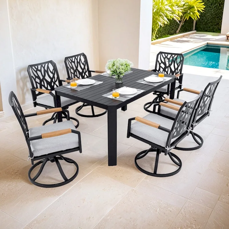 Modern 7-piece Outdoor Aluminum Dining Set with 6 Swivel Rockers Chairs and Umbrella Hole