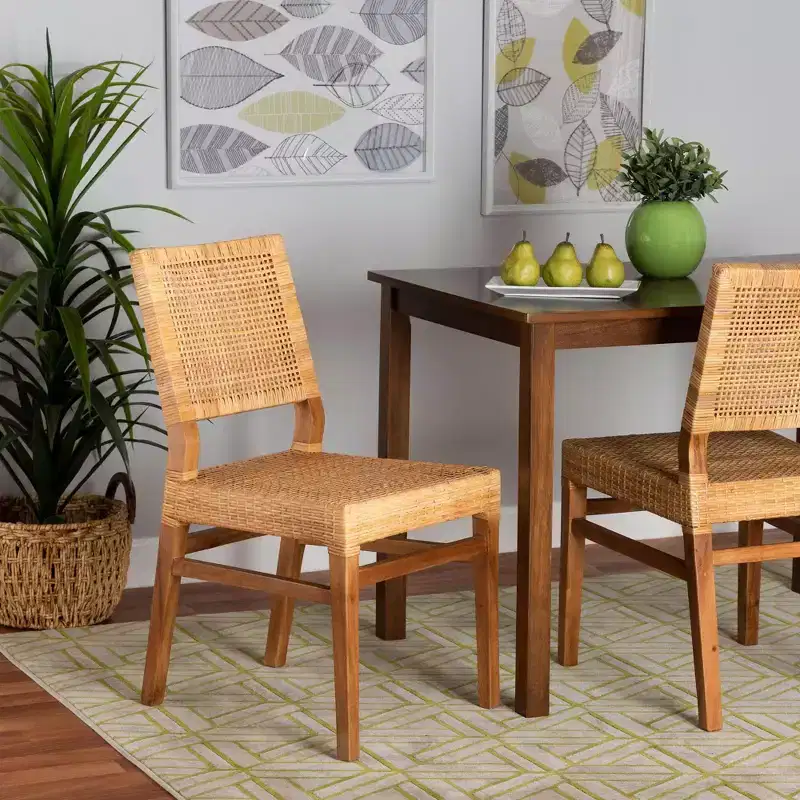 bali & pari Lesia Rattan and Mahogany Wood Dining Chair Set Natural/Walnut