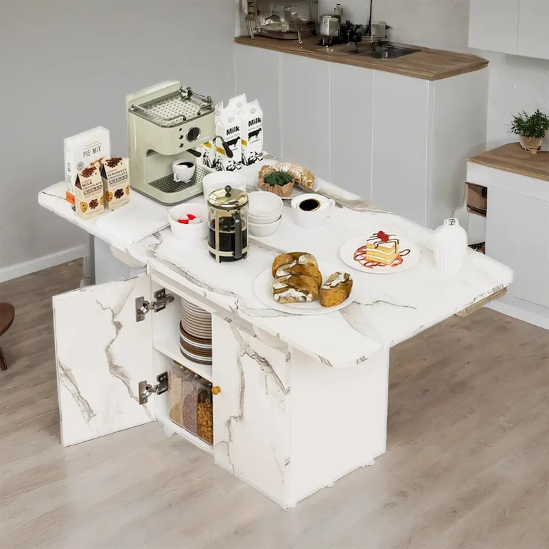 47 Wood Rolling Folding Kitchen Island with Storage Rack and Cabinet