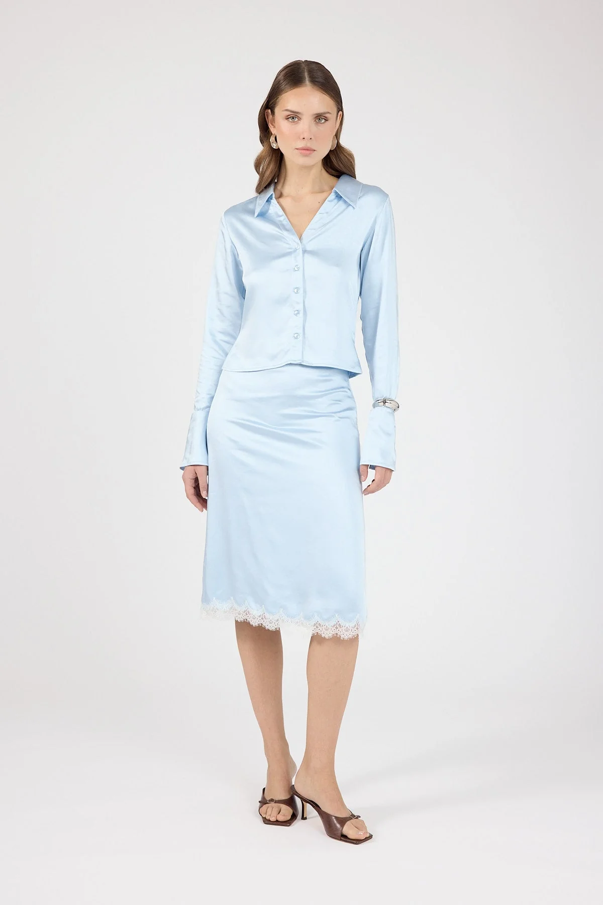 Satin Lace Midi Skirt Blue/White