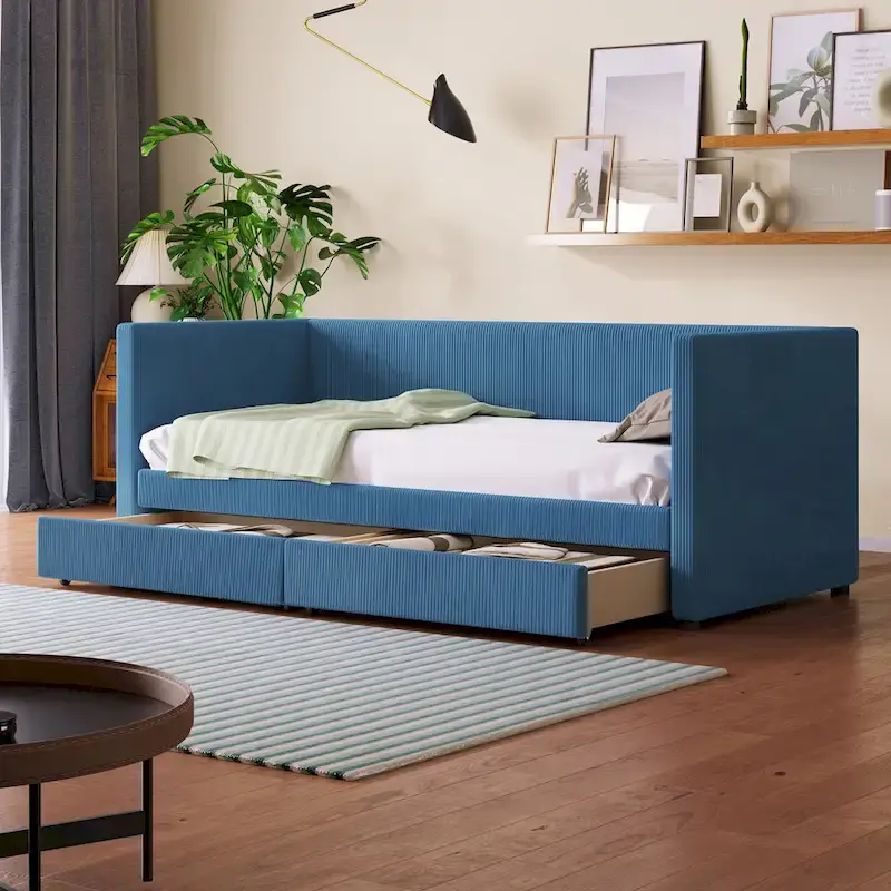 Twin Size Corduroy Upholstered Daybed with Two Storage Drawers and Wood Slat Frame & Headboard, No Box Spring Needed