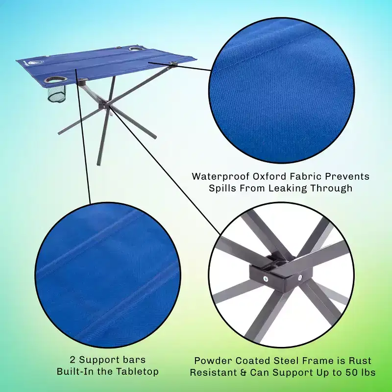 Outdoor Folding Camp Table with 2 Cupholders and Carrying Bag, Blue