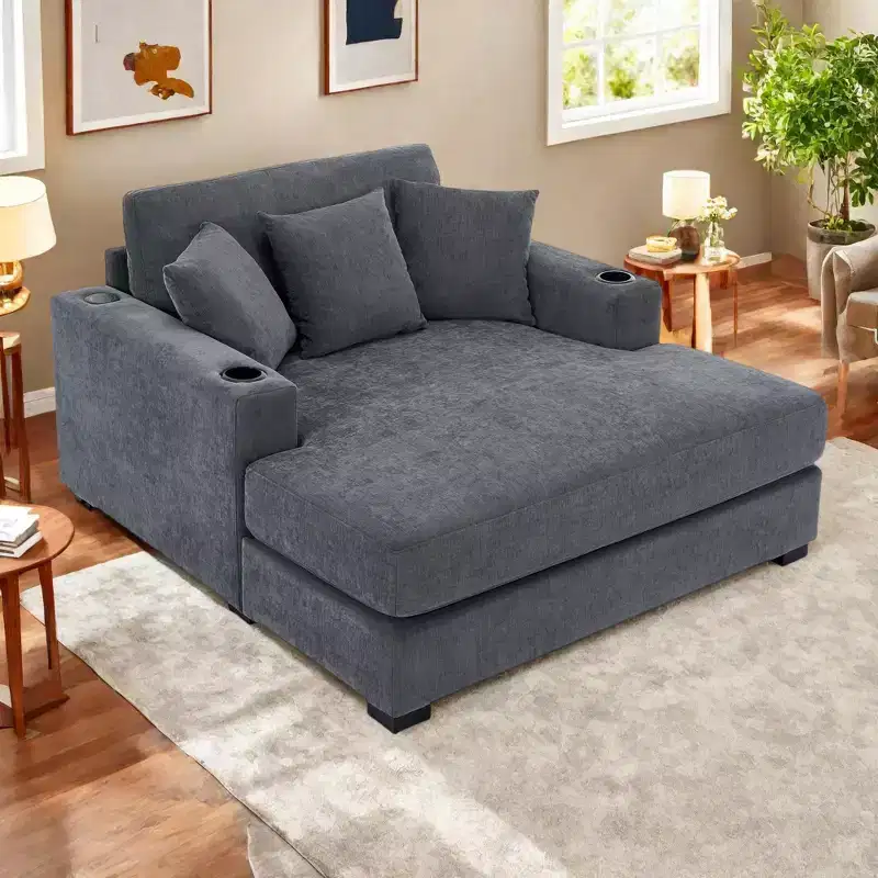 Merax Modern Chenille Chaise Lounger with Charge Station, Cup Holders & Washable Cushions