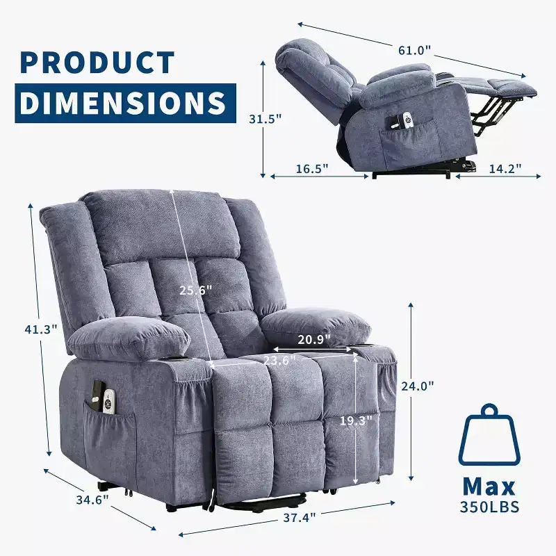 Wide Electric Power Lift Recliner Chair with Massage & Heat  Ideal for Seniors, 3 Positions, USB Charging, Cup Holders, Side Pockets