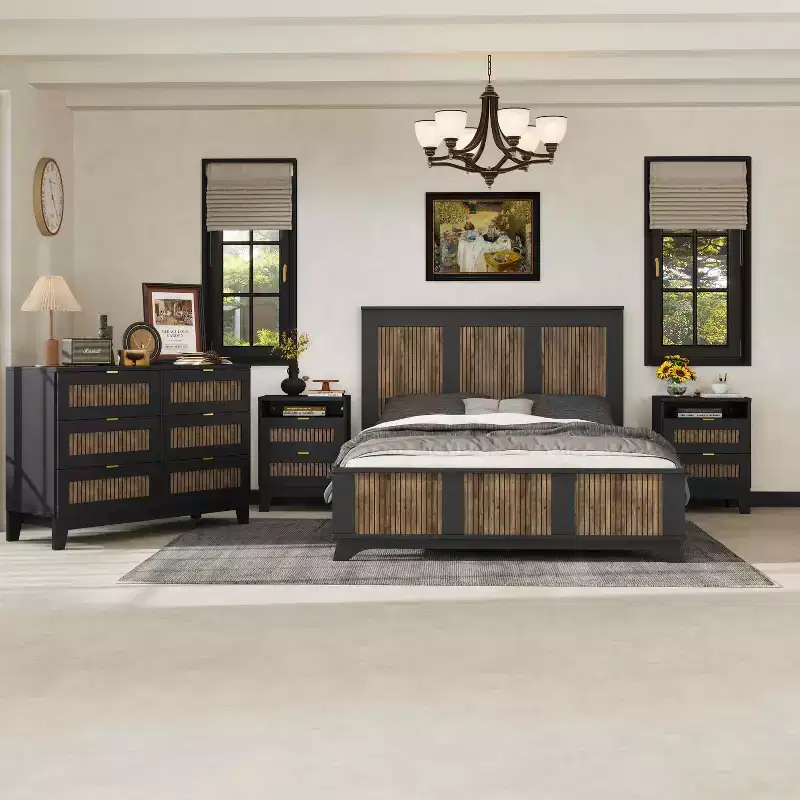 MAYEERTY 4 Pieces Bedroom Set, Queen Size Platform Bed with Wooden Strip Stickers Decor Storage Nightstand and Dresser Metal Handle for Bedroom Black