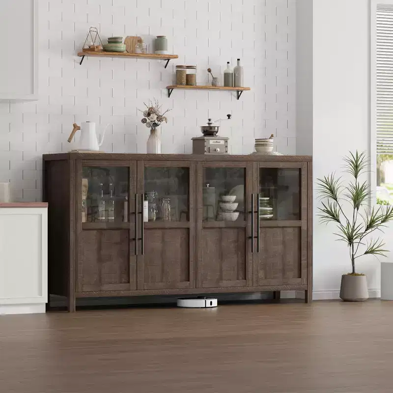 Modern Farmhouse 55 Sideboard Cabinet with 4 Glass Doors, Natural Wood Buffet Storage with Display Shelf for Kitchen, Dining and Living Room