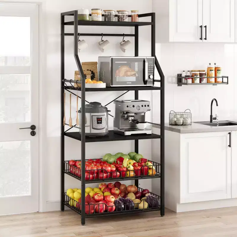 Black 5-Tier Baker's Rack with Wire Baskets & Hooks | Steel + MDF | For 1