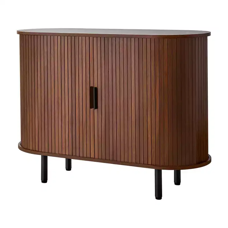 Coffee Bar Cabinet, Mid Century Fluted Coffee Bar Table, Buffet Stand Cabinet with 2 Sliding Doors, Sideboard Buffet Station, Walnut
