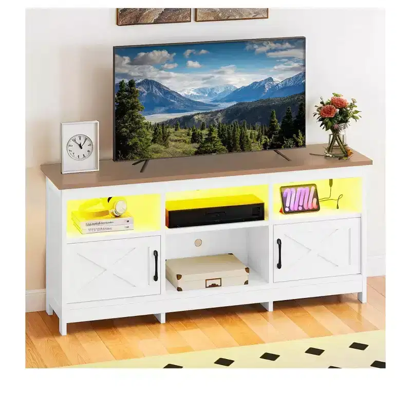Farmhouse TV Stand for 65 Inch TVs, LED Entertainment Center with Cabinets, Power Outlet, Media Console for Living Room,White & Walnut