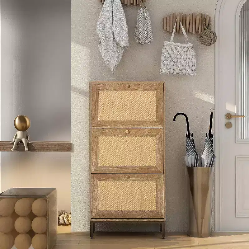 Natural Rattan Shoe Cabinet, 3-Tier 6-Compartment Entryway Shoe Organizer, Wood Handle and Matte Metal Base, 26.6x9.4x48.2