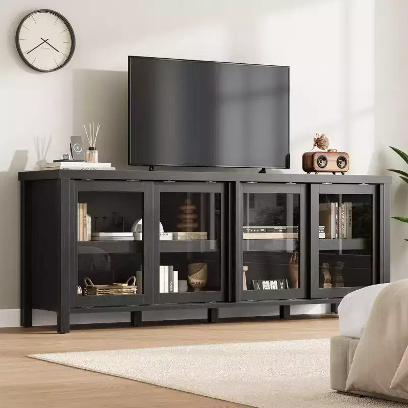 TV Stand for 65 Inch, Entertainment Center with Storage Cabinet and 4 Sliding Glass Doors, Mid Century Modern Media TV Console Table for Living Room