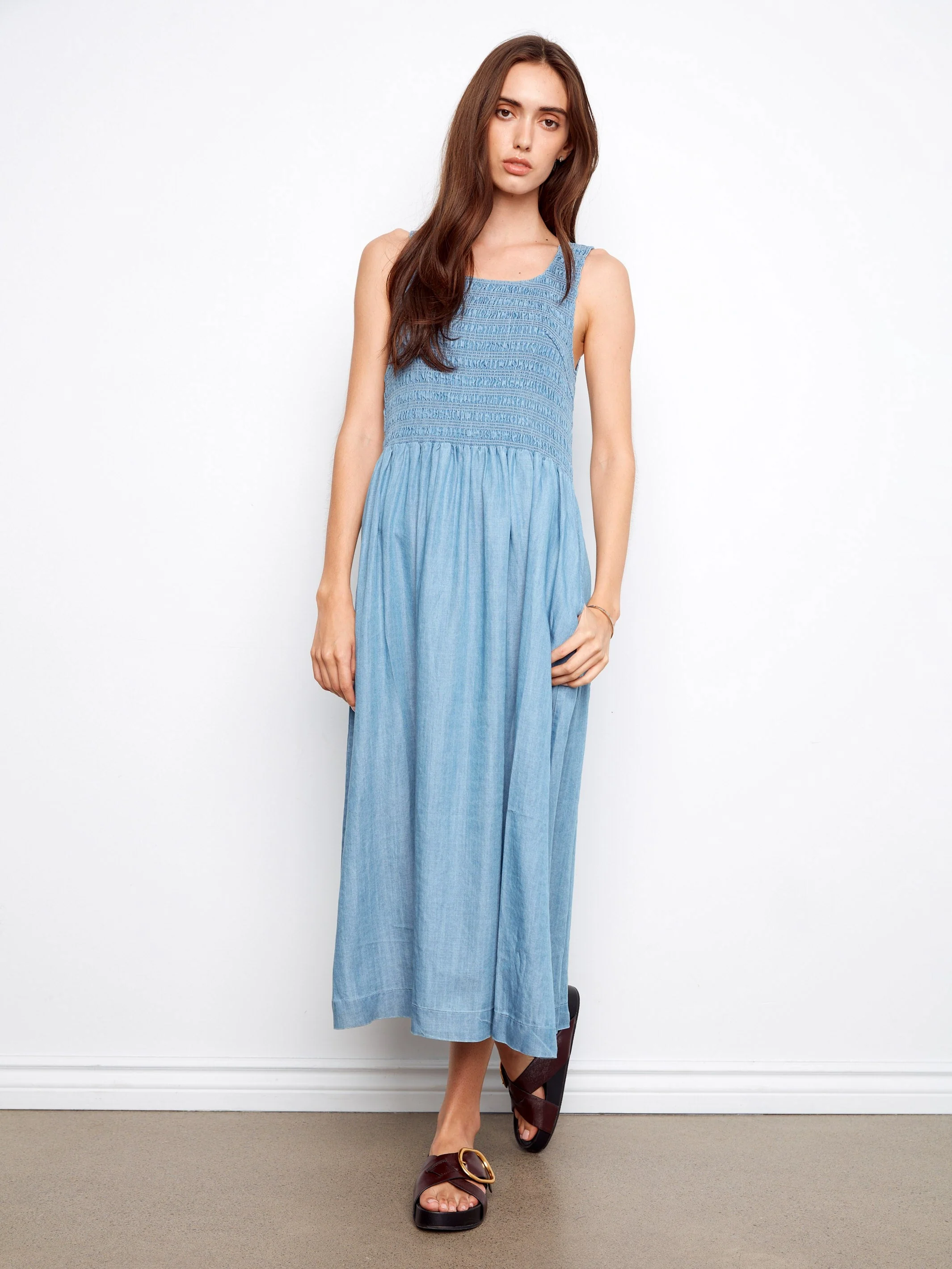 Soft Fabric Sleeveless Smocked Maxi Dress - Soft Blue