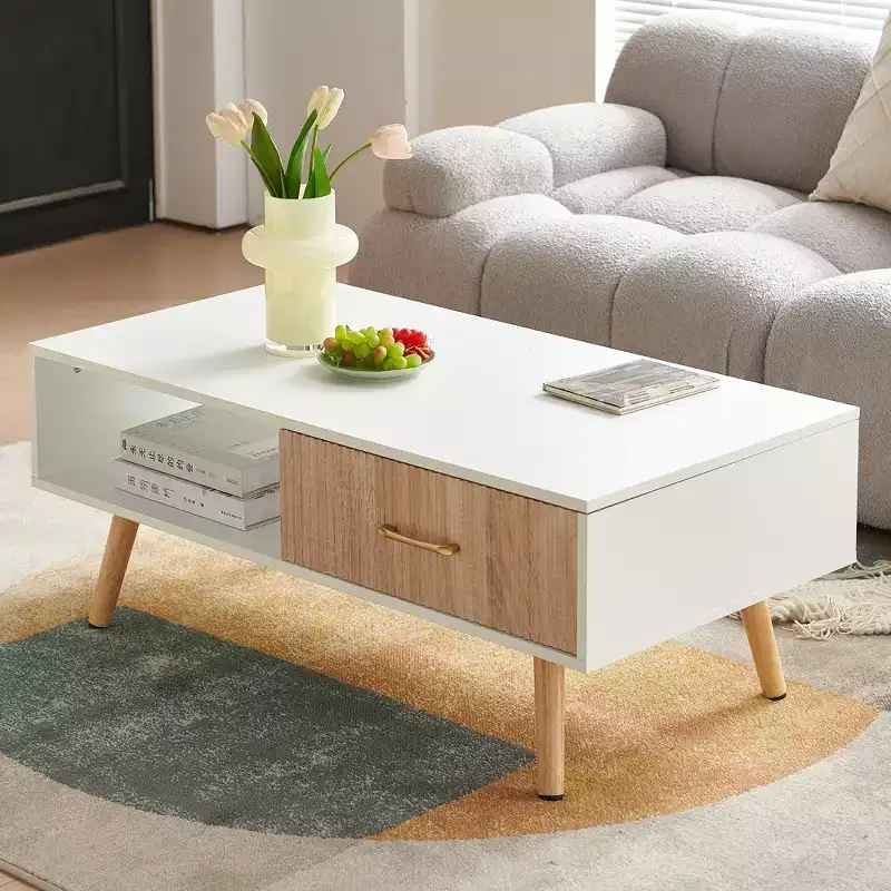 Coffee Table Rectangle with Sliding Drawer for Storage White