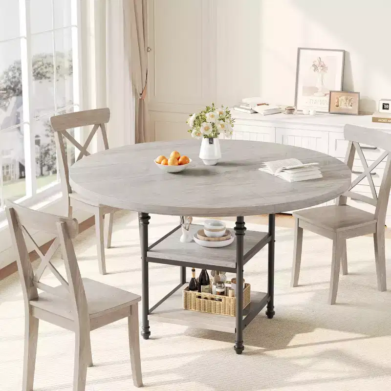 Round Dining Table for 4-6, Wooden Round Kitchen Table,3-Layer Modern Dinner Table with Storage Shelves, for Dining Room, Living Room(Table Only)