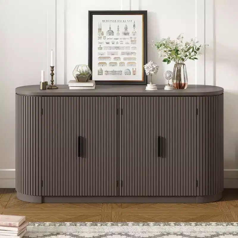 Vertical Striped Door Storage Cabinet with Metal Handles and Adjustable Shelves for Dining Room, Living Room