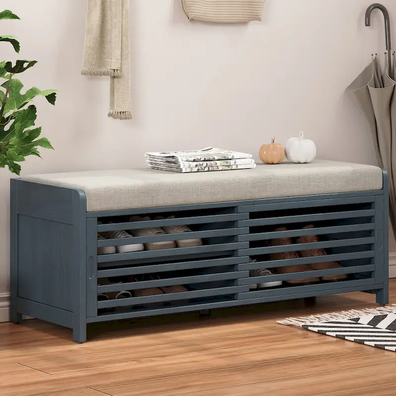 Distressed Shutter Storage Bench with Acacia Veneer for Retro Charm for Living Room, Entryway (Navy)