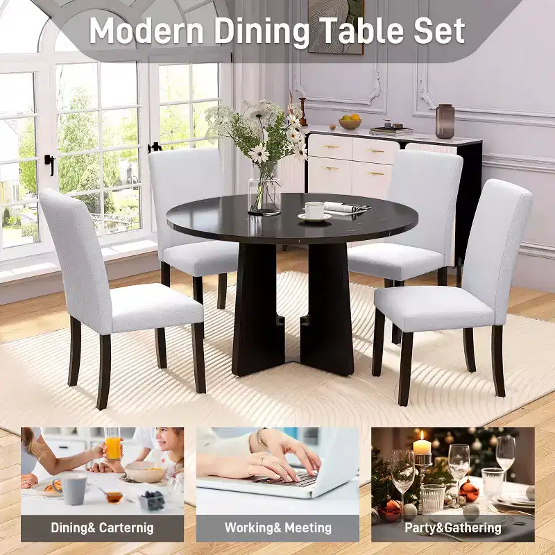 GDFStudio Jacobs 5-Piece Round Dining Table set with 43 Modern Dining Table and 4 Upholstered Chairs