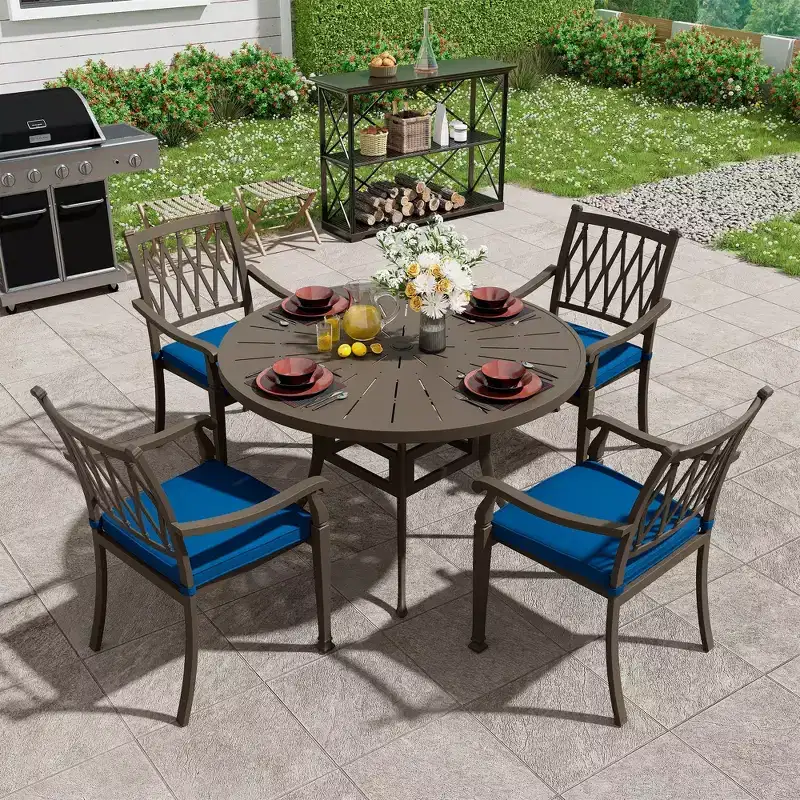 Mondawe 5 Pieces Round Cast Aluminum Outdoor Dining Set with 4 Dining Chair