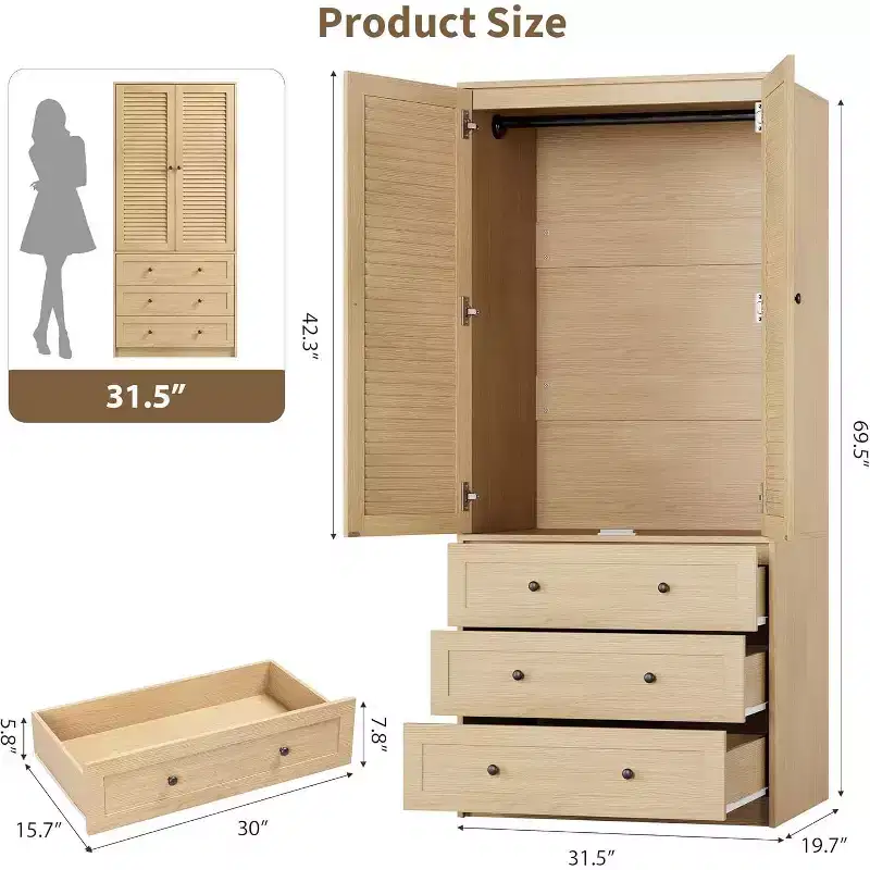 Shutter Door Wardrobe, PB+MDF+Laminate U7 Amorior 3-Drawer Closet, Teak Finish, for Bedroom Cloakroom