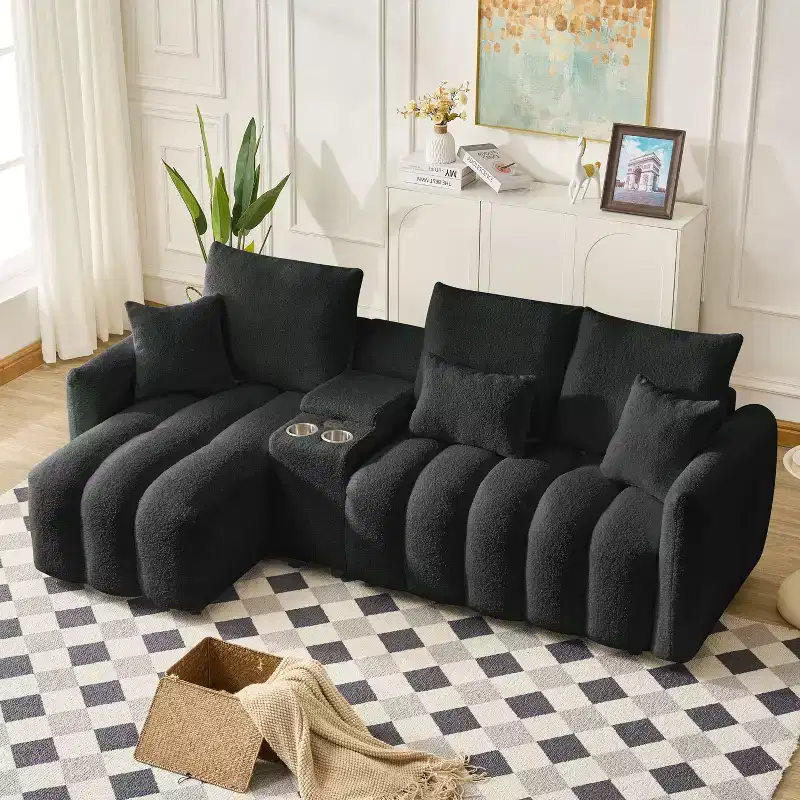 GDFStudio Lyney 91.73 Modern 3-Seater L Shaped Upholstered Sectional Sofa with Console and Pillows