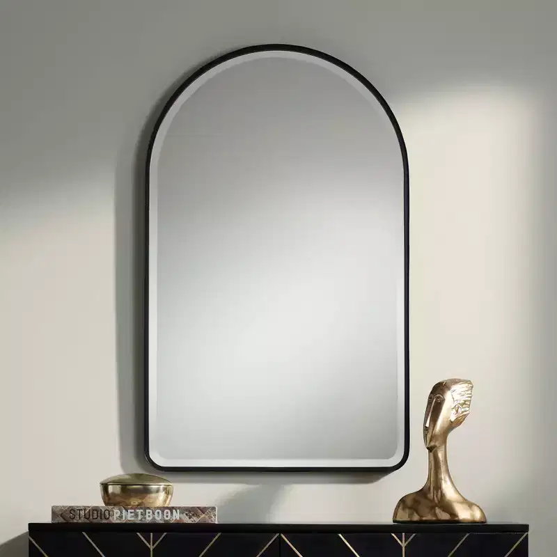 Uttermost Clara Arch Top Vanity Decorative Wall Mirror Modern Beveled Matte Black Metal Frame 24 Wide for Bathroom Bedroom Living Room Home Entryway