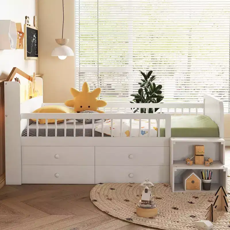 Low Loft Bed with LED Lights, Wooden Bunk Bed with House-Shaped Headboard, Children's Loft Bed with Storage Drawers, White