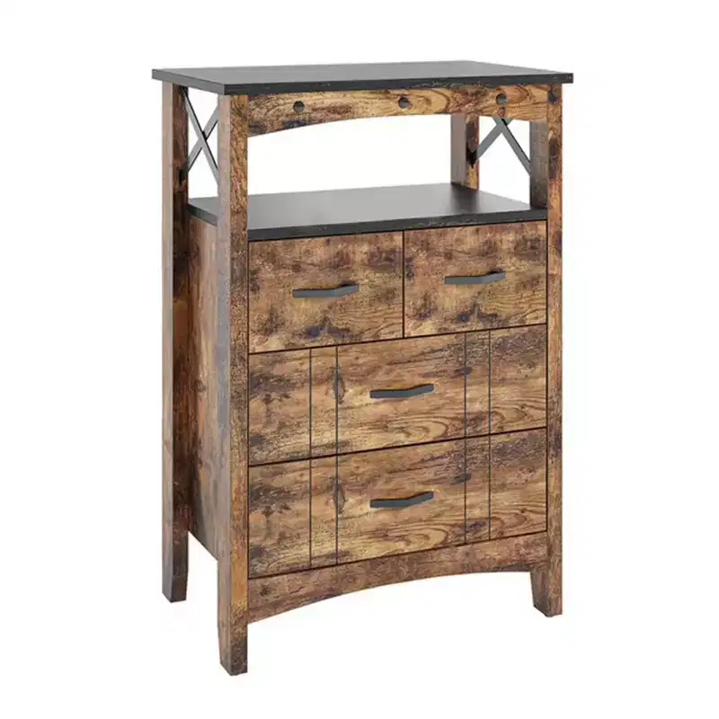Bestier Rustic Storage Cabinet Organizer Table with 2 Display Shelves and 4 Drawers for Living Room, Office, Bedroom, or Hallway, Dark Brown