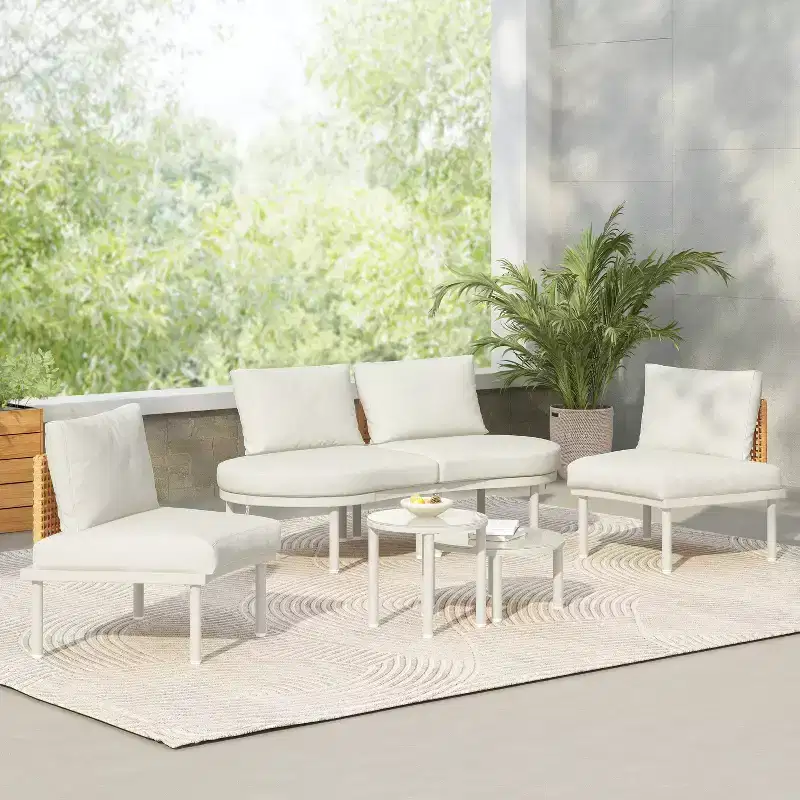6/8-Piece Patio Set Outdoor Sofa Set Half Moon Outdoor Sectional Sofa with 2 Coffee Tables, Pillows, Cushions, PE Wicker Rattan, Beige/Gray-ModernLuxe