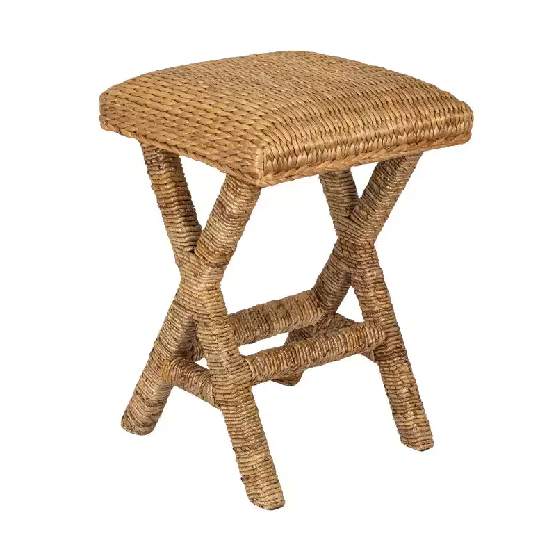Woven Water Hyacinth Bar Stool, Mahogany Wood Frame, Backless, Fixed Height – 17