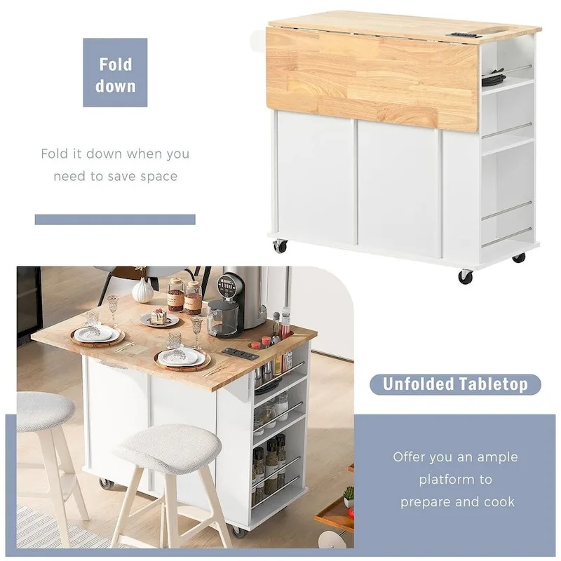 Kitchen Island Cart with Wheels ,Power Outlet, Drop Leaf, Wine Rack