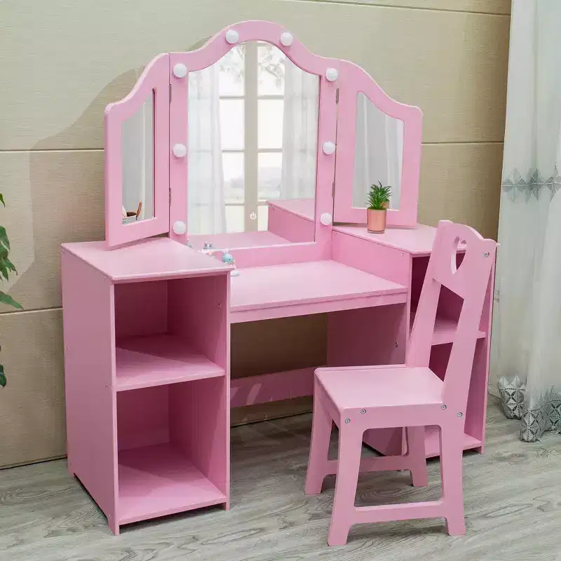 Pink / White Kids Vanity Table & Chair Set with Touch Light Mirror – 2-Piece, Ages 3+