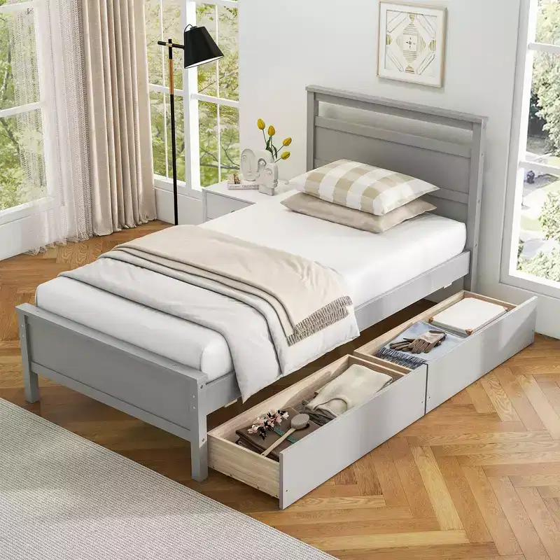 Twin Size Platform Bed with Drawers, Headboard & Footboard, Gray