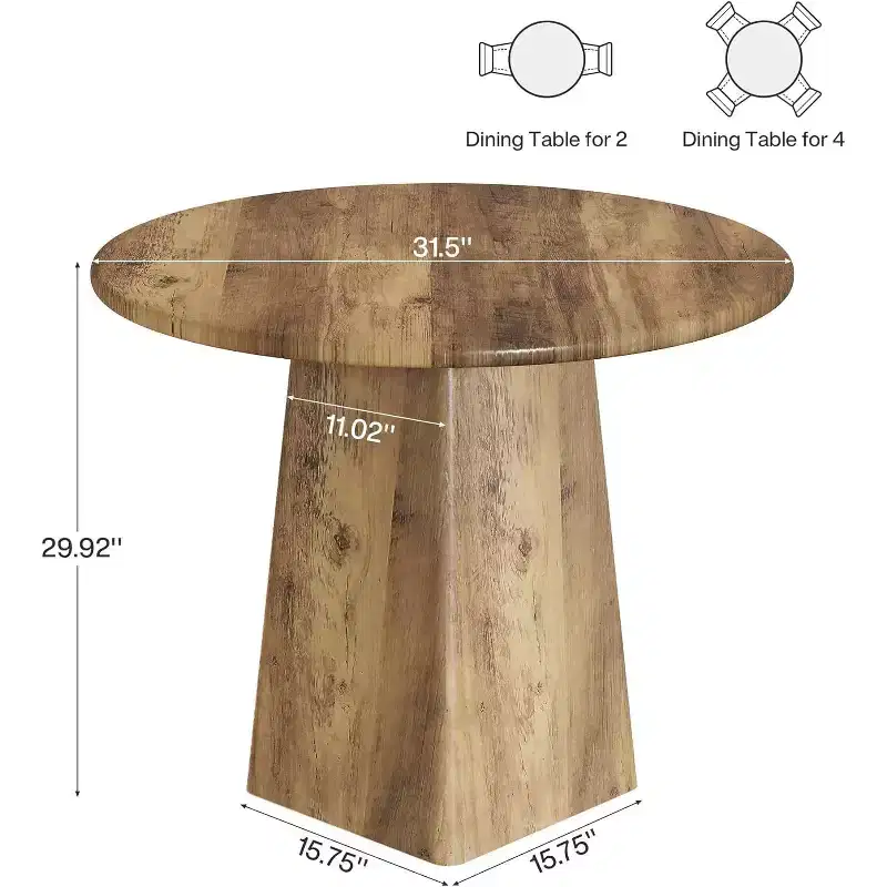Lantine 31.5-Inch Round Dining Room Table for 2-4, Farmhouse Small Kitchen Dinner Table with Square Base for Dining Room Living Room, Rustic Brown