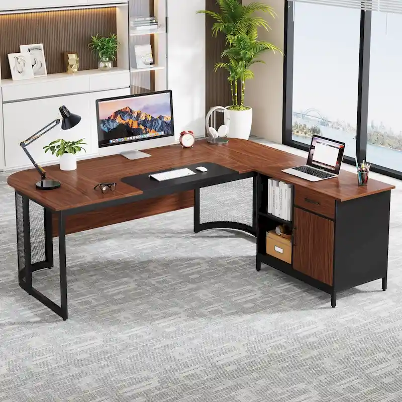 Large 63 L-Shaped Executive Office Desk with 31 File Cabinet