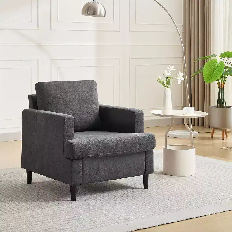 Modern Oversized Accent Chair, Linen Upholstered Armchair with Thick Cushion, Cozy Mid-Century Chair for Living Room Bedroom, Gray