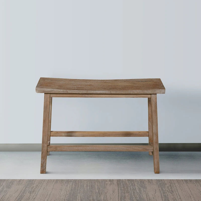 33 Inch Saddle Seat Bench with Angled Frame, Sandblasted Antique Brown Acacia Wood