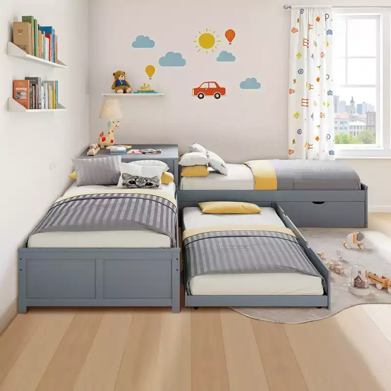 AMERLIFE L-Shaped Twin Solid Wood Trundle Bed with Flip-Top Storage Desk, Space-Saving Platform Frame for Kids and Family Rooms