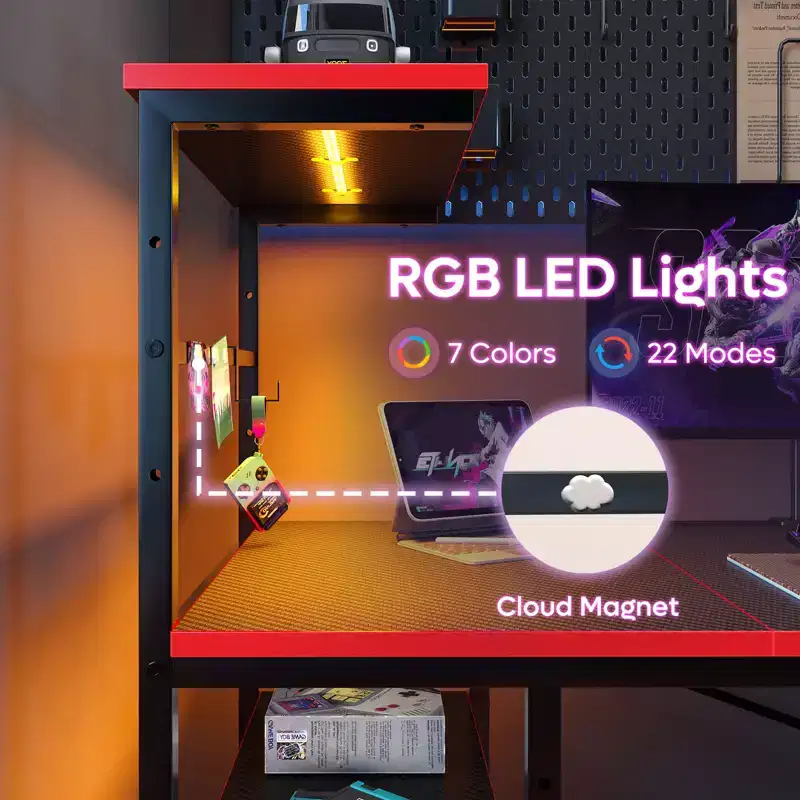 Bestier 61 Inch Gaming Desk with RGB LED Light, Computer Desk with 4 Tier Reversible Storage Shelves, Hooks, Cup holder and MagnetsBlack
