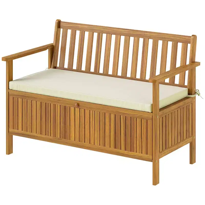 Outdoor Bench with Storage Compartment, Acacia Wood Patio Bench with Cushion, 2 Seater Garden Bench