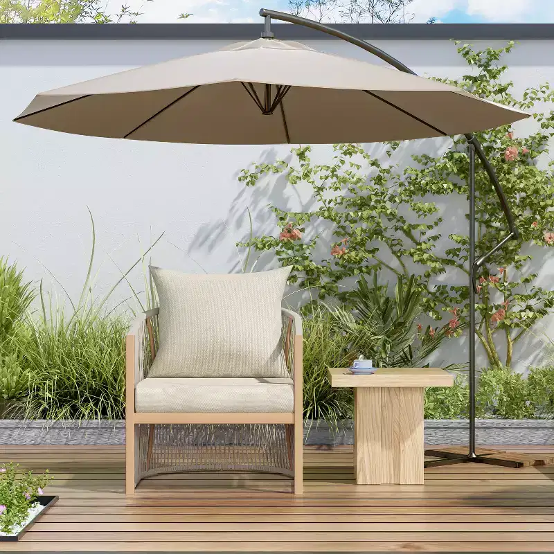 24W Patio Accent Chair Lounge Chair Arm Chair with Curved Back, Cushioned Comfort and Stylish Rope-Weave Design, Aluminum, Beige+Natural/Gray-ModernL