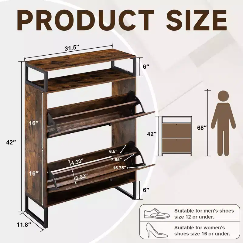 GARPROVM Mid-Century Wood Shoe Cabinet with 2 Flip Doors & Removable Shelves Entryway Shoe Storage