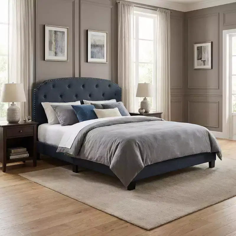 GDFStudio Everett European Classic Burlap Upholstered Platform Bed Frame with Button Tufted Nailhead Trim Headboard