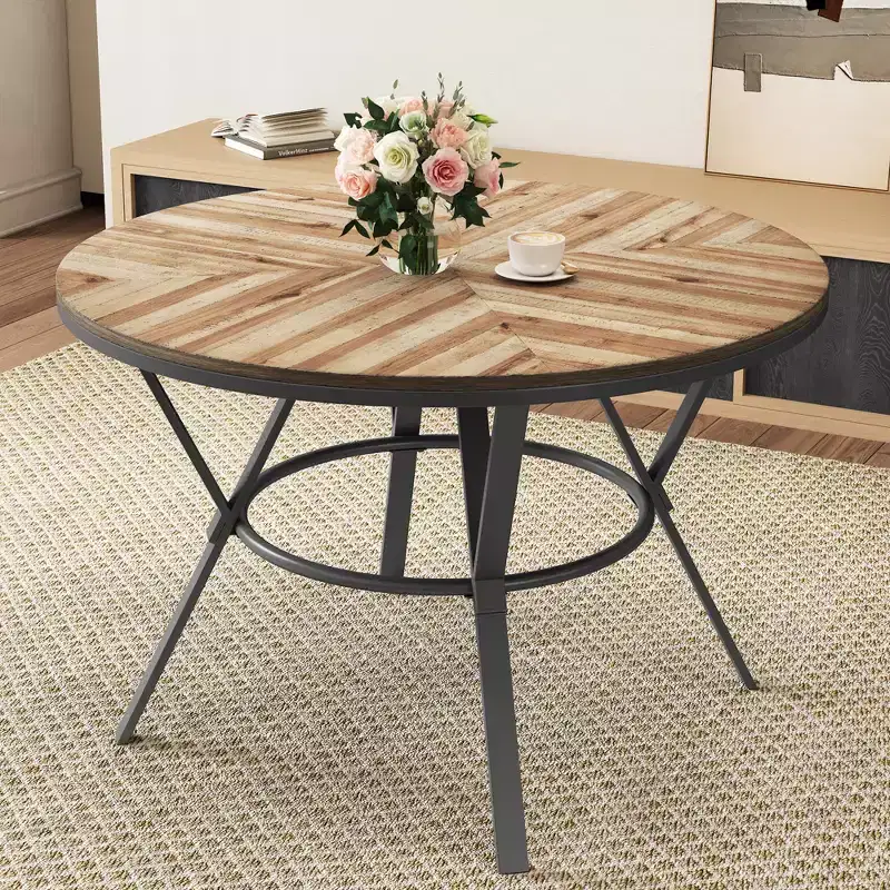Modern Round Wood Dining Table, Light Brown/Black