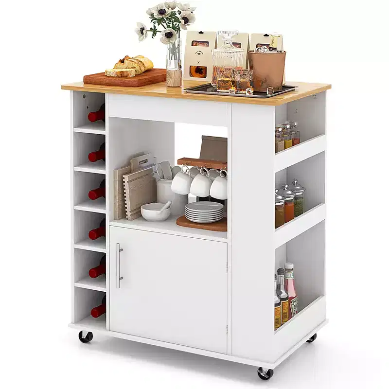 Rolling Kitchen Island Cart with Bamboo Top, Wine Rack, Towel Rack and Spice Rack White
