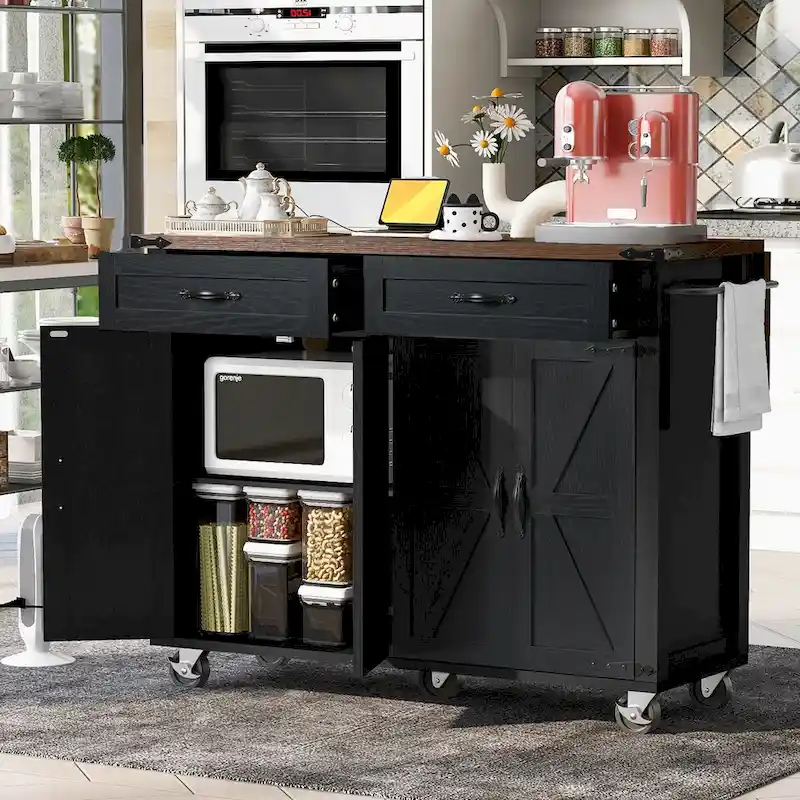 53.5 Farmhouse Kitchen Island Cart with Power Outlet, Drop Leaf, Spice Rack, and 2 Drawers, 5 Wheels