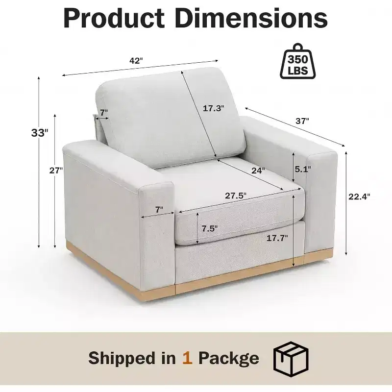 Dyonery Fixed sofa with wooden strips, cotton fabric, light beige color, single person seat, 44 inches