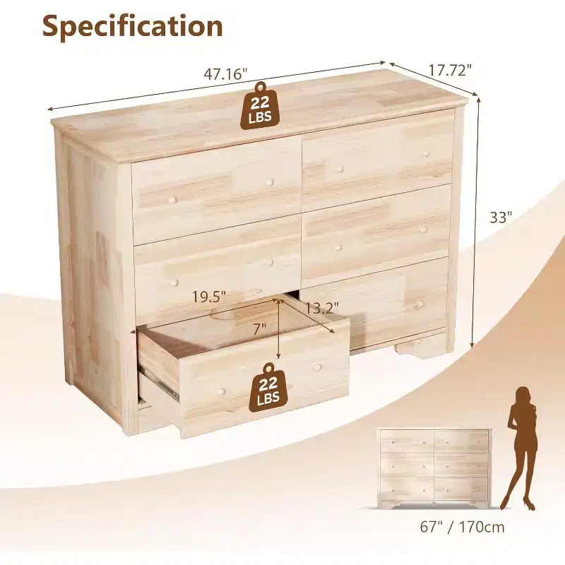 VINGLI Solid Wood Dresser Unfinished for Color DIY, Natural Real Wood Dresser 6 Drawer for Bedroom