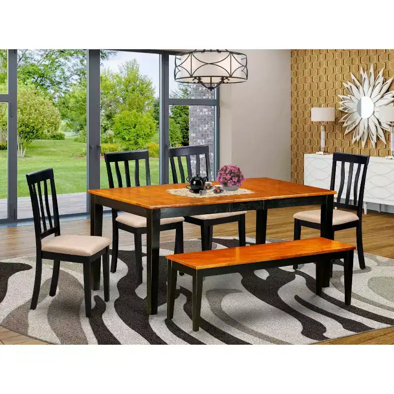Nordic Dining Set - 6 Piece Kitchen Table & Chair Set - Black Cherry Finish - Rectangle Table with Bench